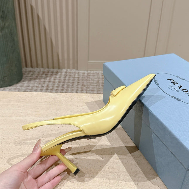 PRADA 26S POINTED-TOE SLINGBACK HEELS 75MM IN PASTEL YELLOW SHINY CALFSKIN