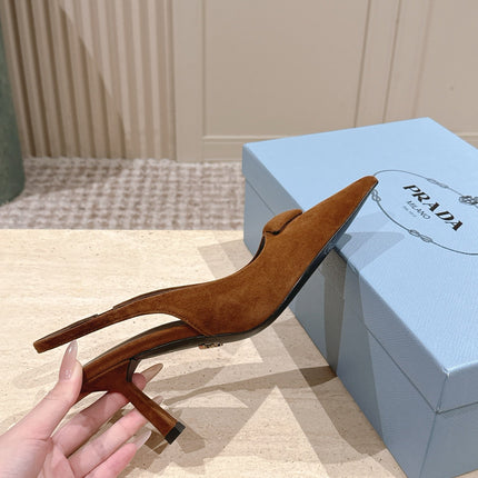 PRADA 26S POINTED-TOE SLINGBACK HEELS 75MM IN CARAMEL BROWN SUEDE WITH LOGO