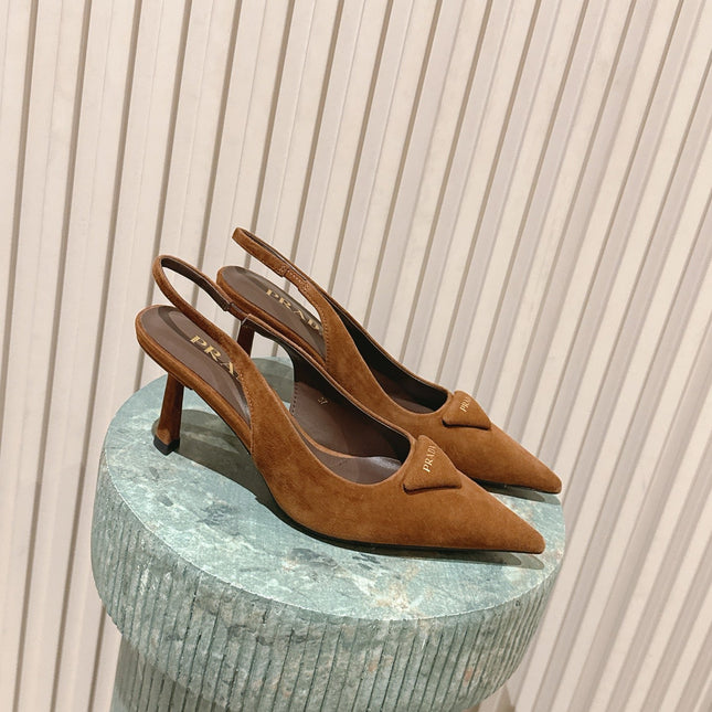 PRADA 26S POINTED-TOE SLINGBACK HEELS 75MM IN CARAMEL BROWN SUEDE WITH LOGO