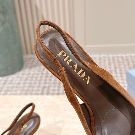 PRADA 26S POINTED-TOE SLINGBACK HEELS 75MM IN CARAMEL BROWN SUEDE WITH LOGO