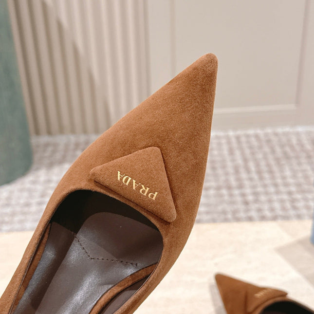 PRADA 26S POINTED-TOE SLINGBACK HEELS 75MM IN CARAMEL BROWN SUEDE WITH LOGO