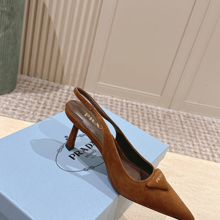 PRADA 26S POINTED-TOE SLINGBACK HEELS 75MM IN CARAMEL BROWN SUEDE WITH LOGO