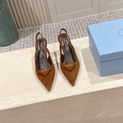 PRADA 26S POINTED-TOE SLINGBACK HEELS 75MM IN CARAMEL BROWN SUEDE WITH LOGO