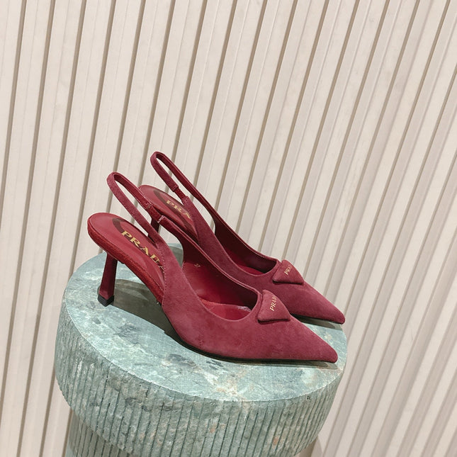 PRADA 26S POINTED-TOE SLINGBACK HEELS 75MM IN DARK RED SUEDE WITH LOGO