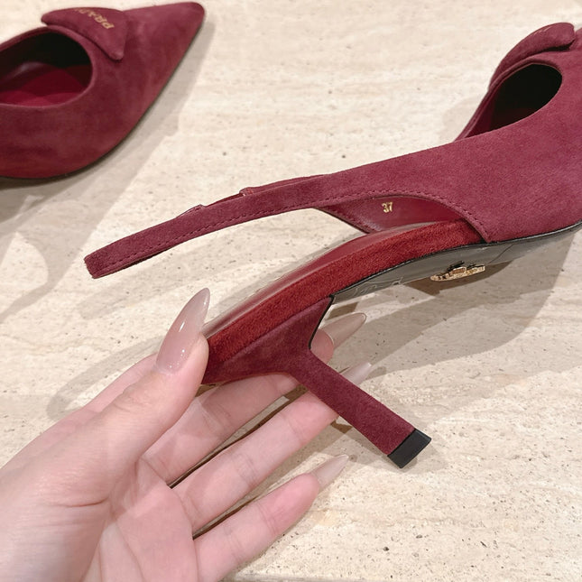 PRADA 26S POINTED-TOE SLINGBACK HEELS 75MM IN DARK RED SUEDE WITH LOGO
