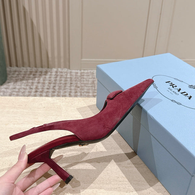 PRADA 26S POINTED-TOE SLINGBACK HEELS 75MM IN DARK RED SUEDE WITH LOGO