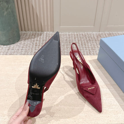 PRADA 26S POINTED-TOE SLINGBACK HEELS 75MM IN DARK RED SUEDE WITH LOGO