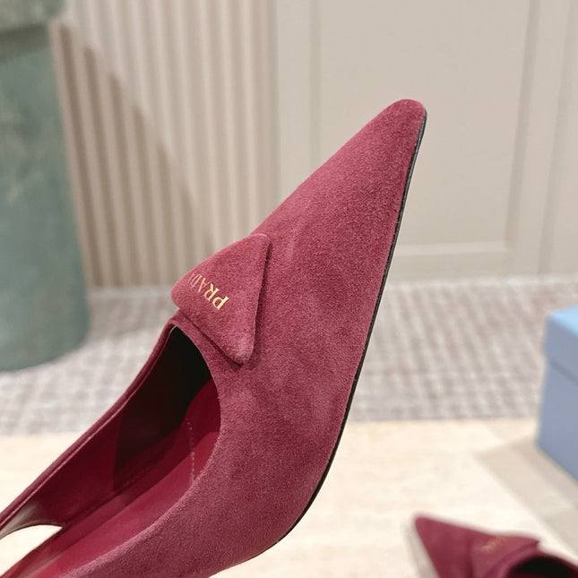 PRADA 26S POINTED-TOE SLINGBACK HEELS 75MM IN DARK RED SUEDE WITH LOGO