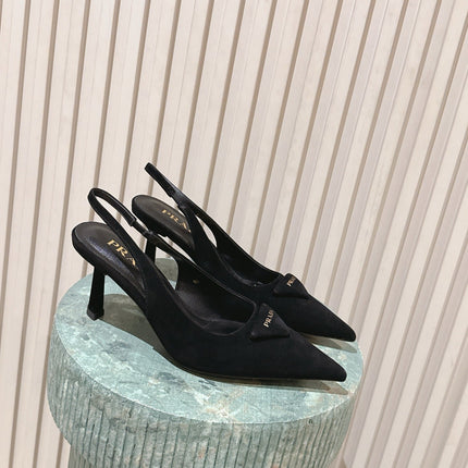 PRADA 26S POINTED-TOE SLINGBACK HEELS 75MM IN BLACK SUEDE WITH LOGO