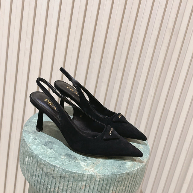 PRADA 26S POINTED-TOE SLINGBACK HEELS 75MM IN BLACK SUEDE WITH LOGO