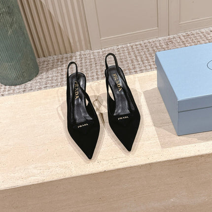 PRADA 26S POINTED-TOE SLINGBACK HEELS 75MM IN BLACK SUEDE WITH LOGO