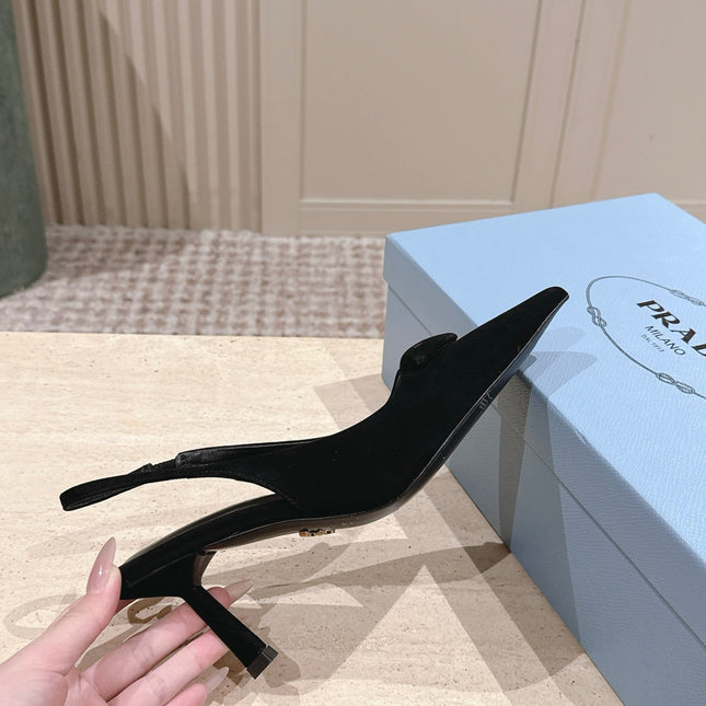PRADA 26S POINTED-TOE SLINGBACK HEELS 75MM IN BLACK SUEDE WITH LOGO