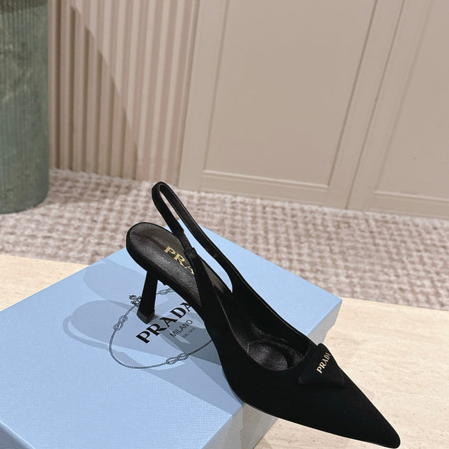 PRADA 26S POINTED-TOE SLINGBACK HEELS 75MM IN BLACK SUEDE WITH LOGO