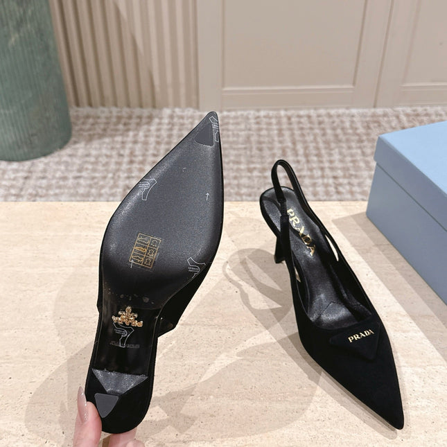 PRADA 26S POINTED-TOE SLINGBACK HEELS 75MM IN BLACK SUEDE WITH LOGO