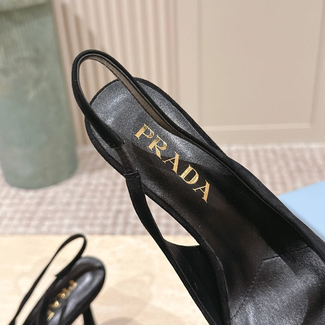 PRADA 26S POINTED-TOE SLINGBACK HEELS 75MM IN BLACK SUEDE WITH LOGO
