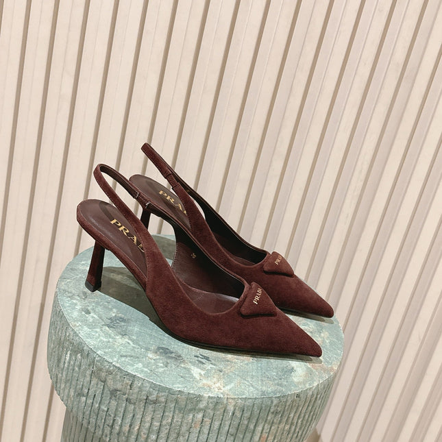 PRADA 26S POINTED-TOE SLINGBACK HEELS 75MM IN BURGUNDY BROWN SUEDE WITH LOGO