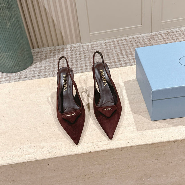 PRADA 26S POINTED-TOE SLINGBACK HEELS 75MM IN BURGUNDY BROWN SUEDE WITH LOGO