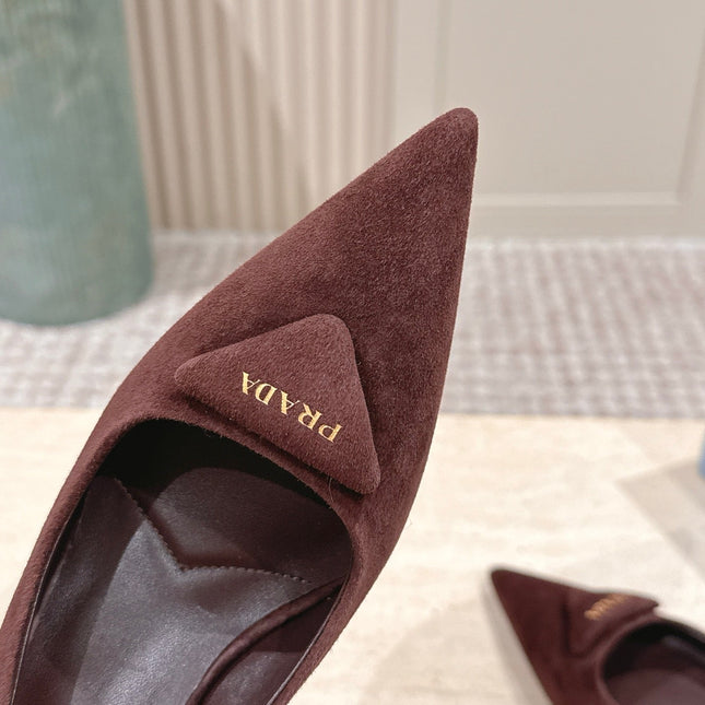 PRADA 26S POINTED-TOE SLINGBACK HEELS 75MM IN BURGUNDY BROWN SUEDE WITH LOGO