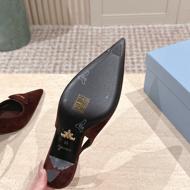 PRADA 26S POINTED-TOE SLINGBACK HEELS 75MM IN BURGUNDY BROWN SUEDE WITH LOGO