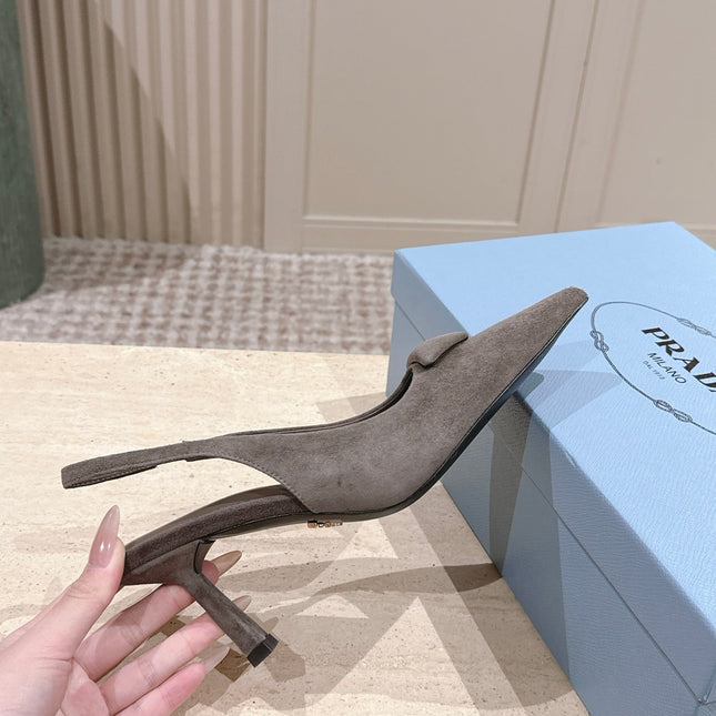 PRADA 26S POINTED-TOE SLINGBACK HEELS 75MM IN TAUPE GRAY SUEDE WITH LOGO