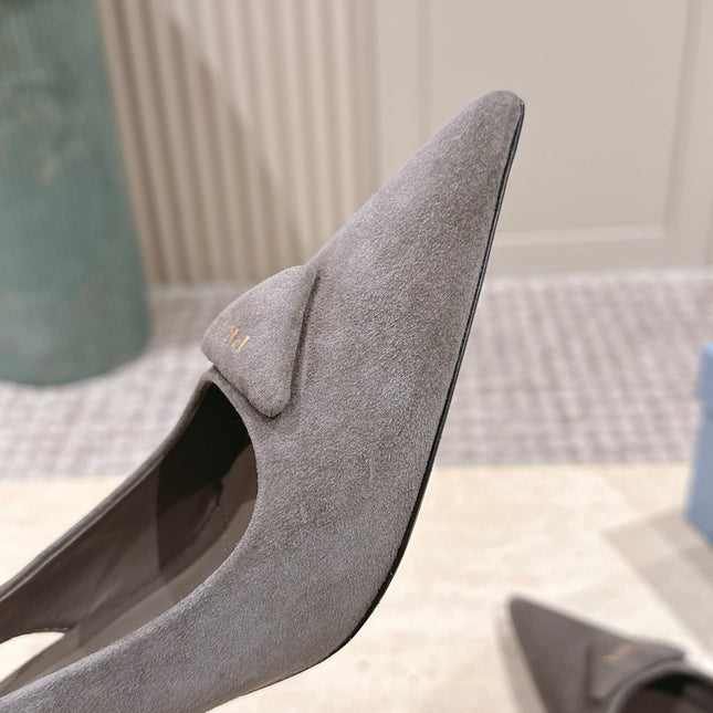 PRADA 26S POINTED-TOE SLINGBACK HEELS 75MM IN TAUPE GRAY SUEDE WITH LOGO