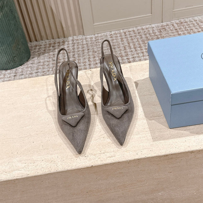 PRADA 26S POINTED-TOE SLINGBACK HEELS 75MM IN TAUPE GRAY SUEDE WITH LOGO