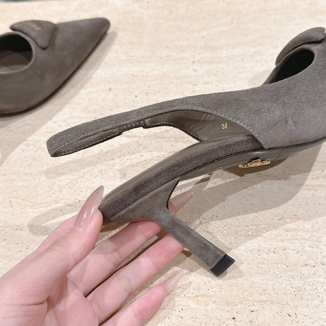 PRADA 26S POINTED-TOE SLINGBACK HEELS 75MM IN TAUPE GRAY SUEDE WITH LOGO
