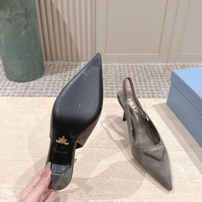 PRADA 26S POINTED-TOE SLINGBACK HEELS 75MM IN TAUPE GRAY SUEDE WITH LOGO