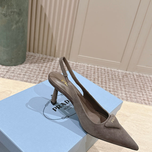 PRADA 26S POINTED-TOE SLINGBACK HEELS 75MM IN TAUPE GRAY SUEDE WITH LOGO