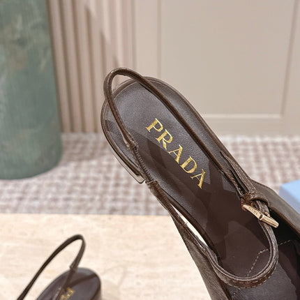 PRADA 26S SLINGBACK SANDALS 40MM IN DARK BROWN CALFSKIN WITH LOGO