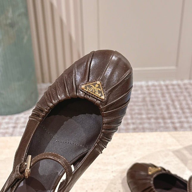 PRADA 26S SLINGBACK SANDALS 40MM IN DARK BROWN CALFSKIN WITH LOGO
