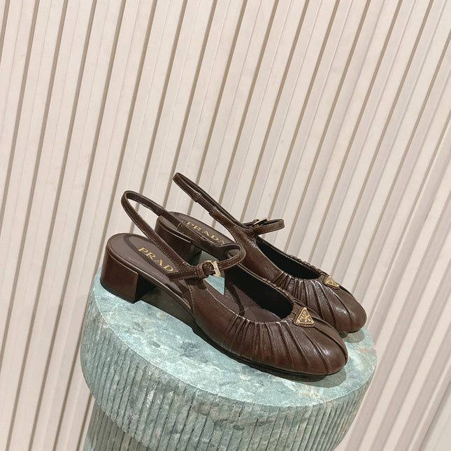 PRADA 26S SLINGBACK SANDALS 40MM IN DARK BROWN CALFSKIN WITH LOGO