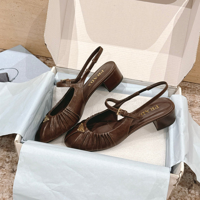 PRADA 26S SLINGBACK SANDALS 40MM IN DARK BROWN CALFSKIN WITH LOGO