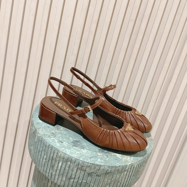 PRADA 26S SLINGBACK SANDALS 40MM IN CARAMEL BROWN CALFSKIN WITH LOGO