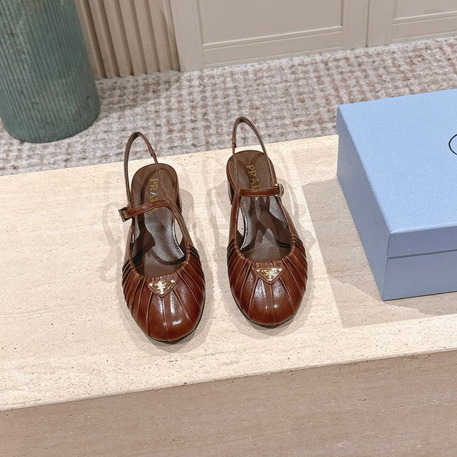 PRADA 26S SLINGBACK SANDALS 40MM IN CARAMEL BROWN CALFSKIN WITH LOGO