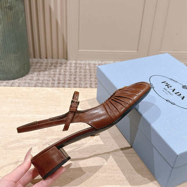 PRADA 26S SLINGBACK SANDALS 40MM IN CARAMEL BROWN CALFSKIN WITH LOGO