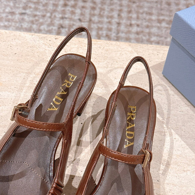 PRADA 26S SLINGBACK SANDALS 40MM IN CARAMEL BROWN CALFSKIN WITH LOGO