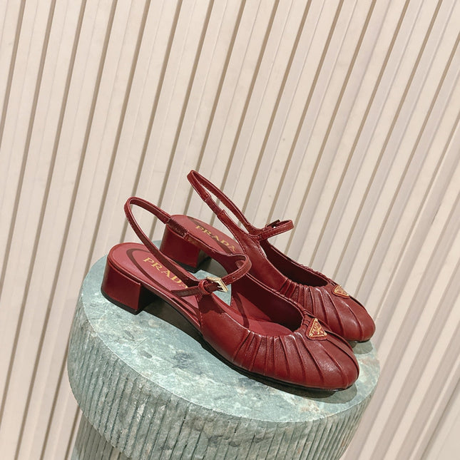 PRADA 26S SLINGBACK SANDALS 40MM IN DARK RED CALFSKIN WITH LOGO
