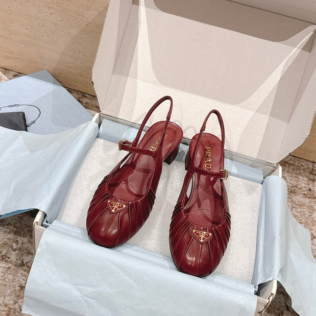PRADA 26S SLINGBACK SANDALS 40MM IN DARK RED CALFSKIN WITH LOGO