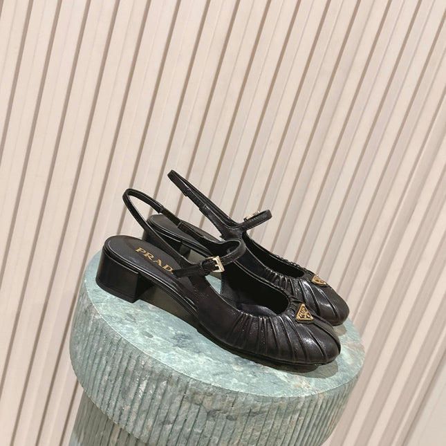 PRADA 26S SLINGBACK SANDALS 40MM IN BLACK CALFSKIN WITH LOGO