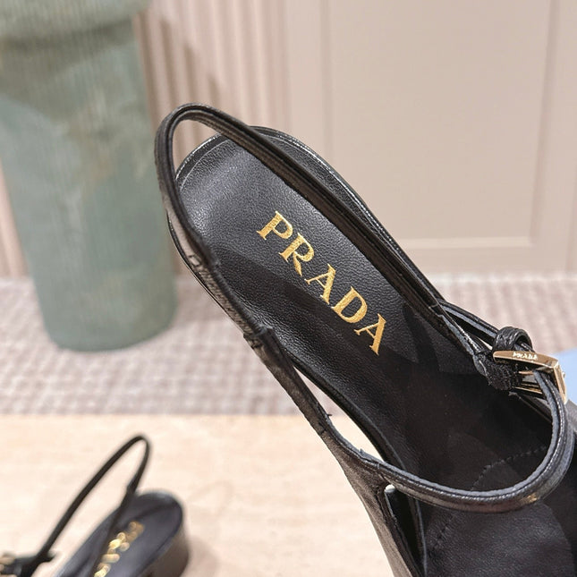 PRADA 26S SLINGBACK SANDALS 40MM IN BLACK CALFSKIN WITH LOGO