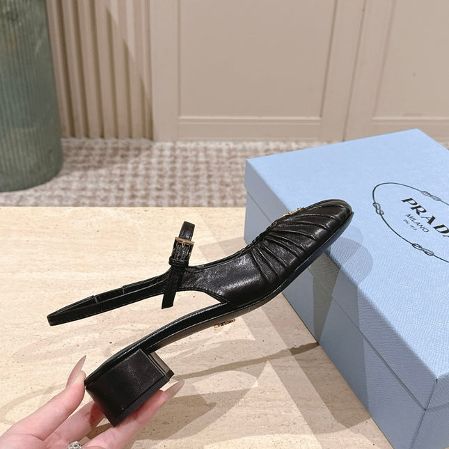 PRADA 26S SLINGBACK SANDALS 40MM IN BLACK CALFSKIN WITH LOGO