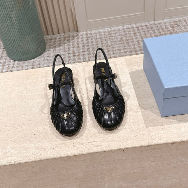 PRADA 26S SLINGBACK SANDALS 40MM IN BLACK CALFSKIN WITH LOGO