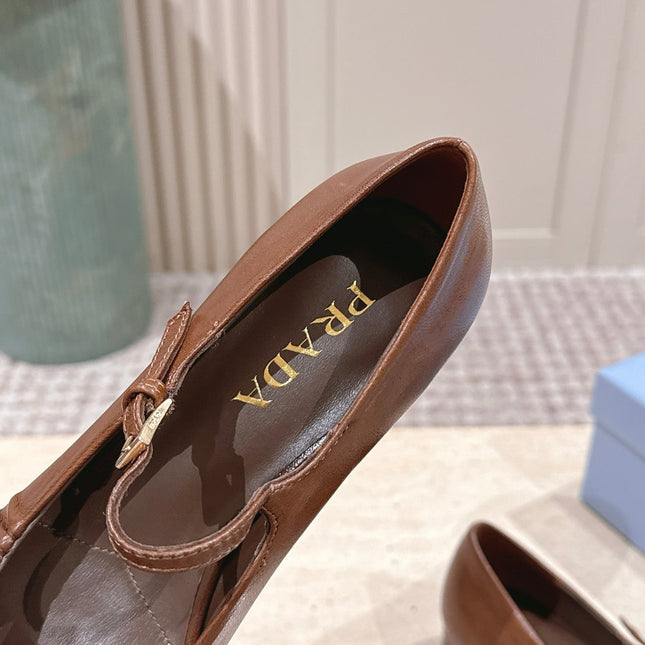 PRADA 26S MARY JANE 40MM IN CARAMEL BROWN CALFSKIN WITH LOGO