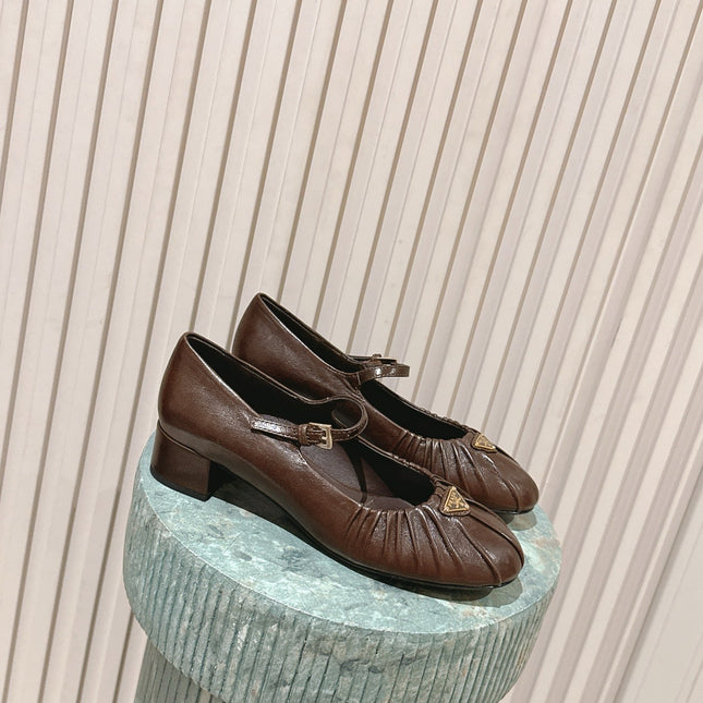 PRADA 26S MARY JANE 40MM IN DARK BROWN CALFSKIN WITH LOGO