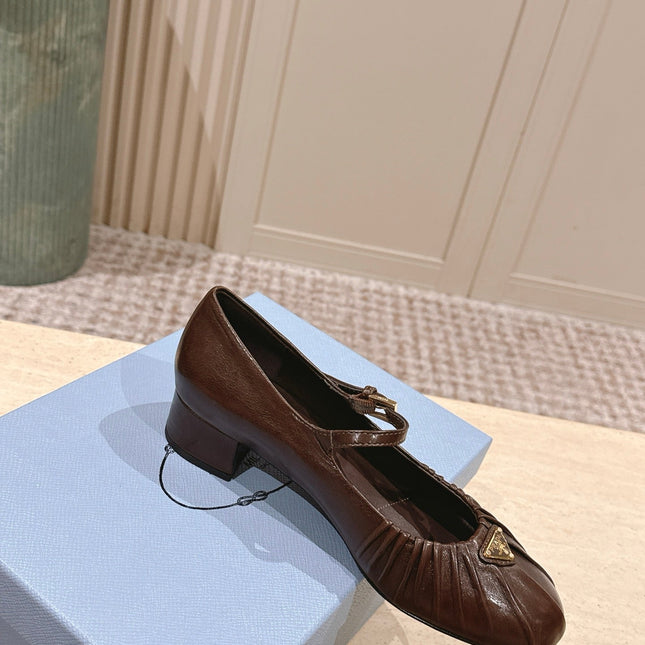 PRADA 26S MARY JANE 40MM IN DARK BROWN CALFSKIN WITH LOGO