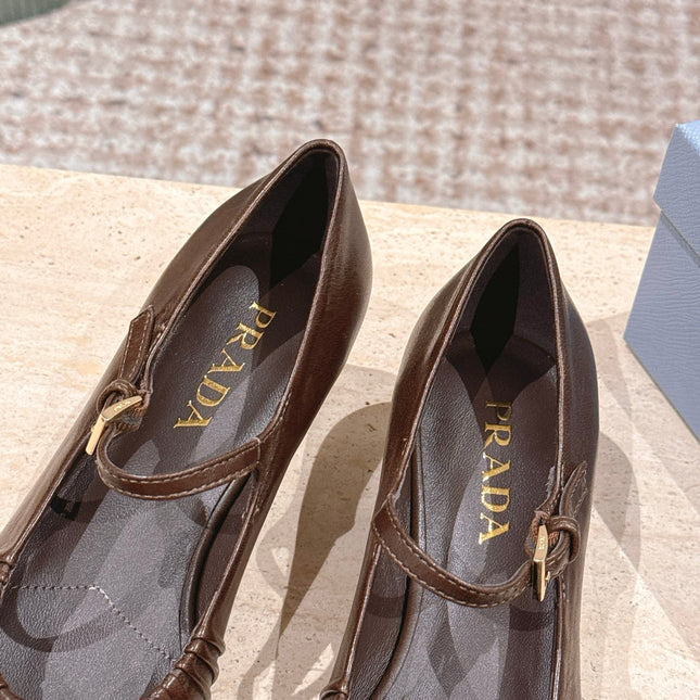 PRADA 26S MARY JANE 40MM IN DARK BROWN CALFSKIN WITH LOGO