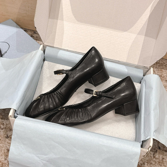 PRADA 26S MARY JANE 40MM IN BLACK CALFSKIN WITH LOGO