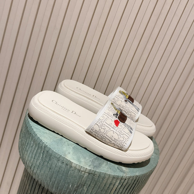 DIOR 26S SLIDE SANDALS IN WHITE LACE MONOGRAM EMBROIDERED CANVAS