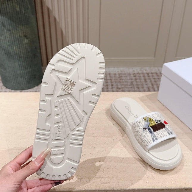 DIOR 26S SLIDE SANDALS IN WHITE LACE MONOGRAM EMBROIDERED CANVAS